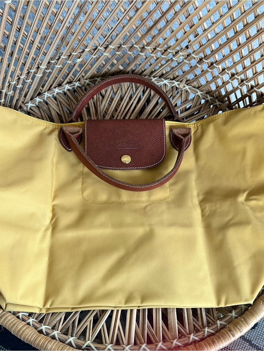 Longchamp Yellow Tote Bag with Brown Leather Trim - Classic Women's Handbag - Picture 3 of 8